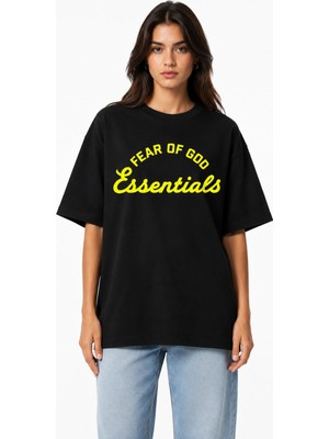 Camblys Kadın Erkek Unisex Fear Of God Essentials Ön Baskılı Oversize Kalın Kumaş Bol Kesim Pamuklu T-Shirt