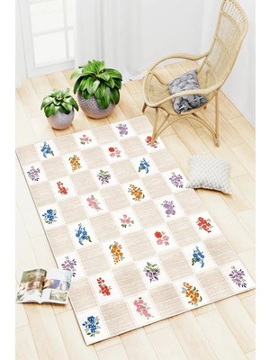 Pelura Halı Floral Kilim Desen Baskılı Kaymaz Yıkanabilir Salon Oturma Odası Mutfak Balkon Halısı Yolluk