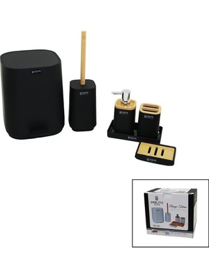 Pablito Home Pablıto Home PBT-783 ( 6pcs ) Kare Banyo Seti & Takımı (Bambu Detaylı) (Çöp Kova-Fırçalık-Sıvı&katı Sabunluk-Diş Fırçalık-Stand )*4=k