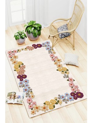 Pelura Halı Floral Çerçeve Desen Baskılı Kaymaz Yıkanabilir Salon Oturma Odası Mutfak Balkon Halısı Yolluk