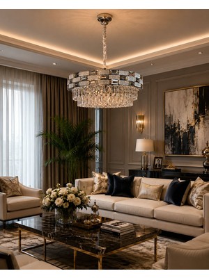 LED Yeni Model 60 cm Kristal Lüx Salon Avize Krom Renk Ithal Model