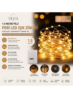 Mersi Shop 1.5 Metre Pilli Peri LED Gün Işığı Dekoratif Bakır Tel Işık Zinciri