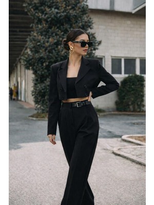 Big Nuance Kadın Siyah Crop Blazer Takım Kemer Detaylı Modern Şık Ceket Pantolon Kombini
