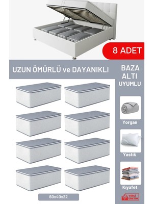 Evsella 8'li Set - Geometrik Çizgili Beyaz Büyük Boy Baza Altı & Çekyat Altı Hurç (60 x 40 x 22 Cm)