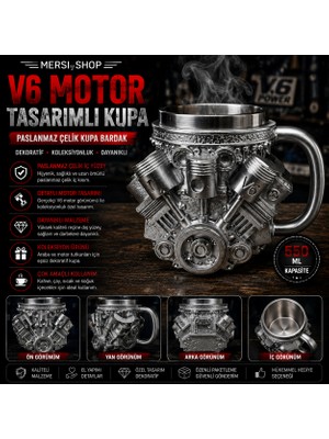 Mersi Shop V6 Motor Tasarımlı Paslanmaz Çelik Kupa Bardak Dekoratif Kupa