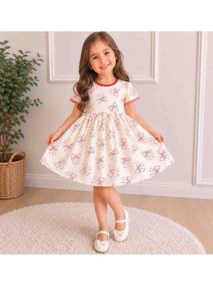 Lovinya Kids Beyaz Fiyonk Desenli  Yazlık Elbise