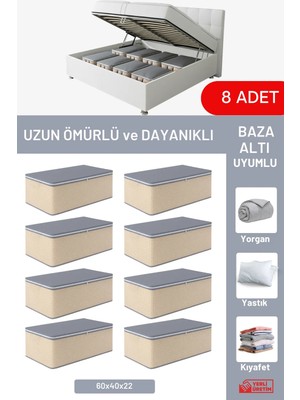 Evsella 8'li Set - Geometrik Çizgili Bej Büyük Boy Baza Altı & Çekyat Altı Hurç (60 x 40 x 22 Cm)