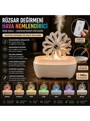 Mersi Shop Rüzgar Değirmeni Tasarımlı Hava Nemlendirici Rgb Işıklı Aromaterapi Difüzör