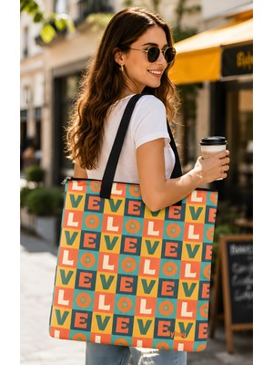 Bybag Love Retro Desenli Kadın Omuz Çantası - Fermuarlı Büyük Boy Oxford Kumaş Günlük Tote Bag 40X35 cm