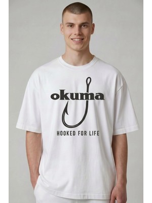 Etifa Tekstil Etifa Oversize Balıkçı Tişörtü Okuma Hooked For Life %100 Pamuk Premium Beyaz Unisex