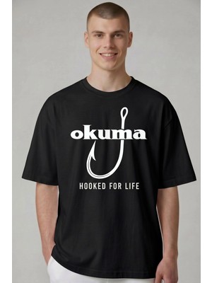 Etifa Tekstil Etifa Oversize Balıkçı Tişörtü Okuma Hooked For Life %100 Pamuk Premium Siyah Unisex
