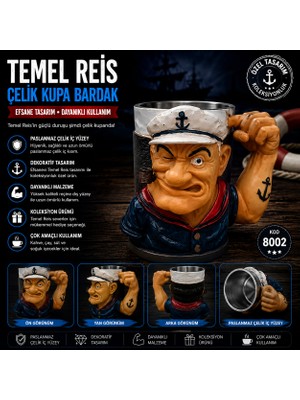 Mersi Shop Temel Reis Tasarımlı Paslanmaz Çelik Kupa Bardak Dekoratif Kupa