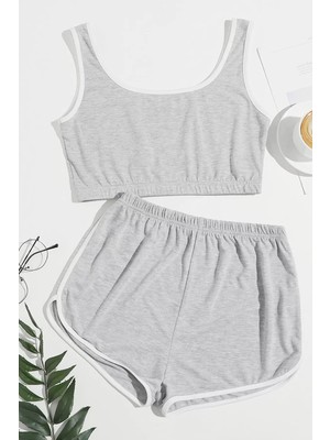 Efnaz Style Kadın Gri Askılı Crop Top ve Şortlu Gecelik Takım