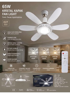 Exxen Shopping Uzaktan Kumandalı 6 Kanatlı Tavan Vantilatör 65W LED Aydınlatma ile Sessiz Çalışma ve Modern Tasarım