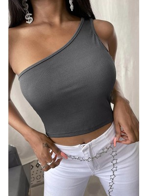 Efnaz Style Kadın Koyu Gri Tek Omuz Crop Büstiyer