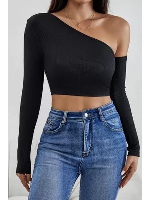 Efnaz Style Kadın Siyah Tek Omuz Detaylı Uzun Kol Crop Top Bluz