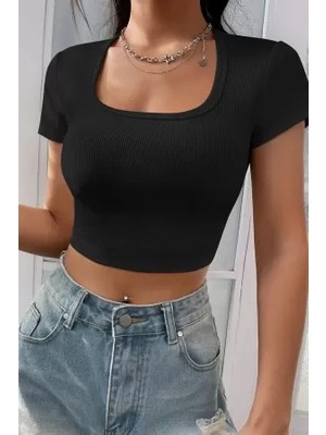 Efnaz Style Kadın Siyah Yarım Kol Düz Yaka Crop Top Bluz