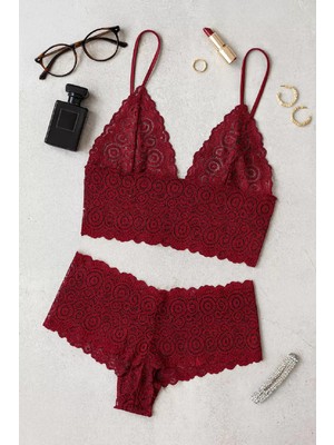 Efnaz Style Kadın Bordo Dantel Bralet Şort Takımı – Asil ve Sofistike Iç Giyim