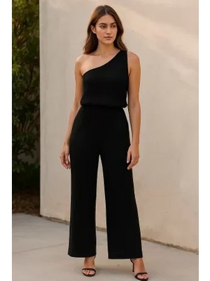 Efnaz Style Kadın Siyah Tek Omuzlu Şık Bluz & Geniş Paça Pantolon Ikili Takım
