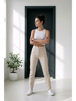Hies Yüksek Bel Bej Likralı Mom Jean