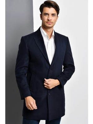 Dewberry Plt8390 Erkek Palto Uzun Kol Lacivert Yün Polyester Düz Desenli L Beden