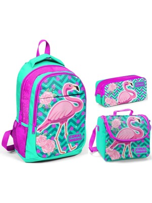 Yaygan Coral High Flamingo Kız Çocuk Sırt Çantası Seti - Yeşil 3 Parça Kapasiteli Okul Çantası