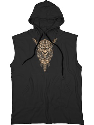 Bluu Owl Unisex Kapşonlu Kolsuz T-Shirt Siyah %100 Pamuklu Rahat Kesim Fitness Atleti