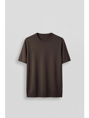 Abluka Online Erkek Slim Fit Triko Bisiklet Yaka Basic T-Shirt Kahverengi