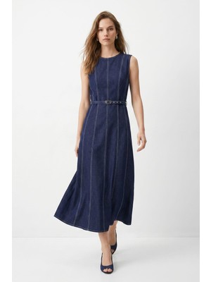 Rays Laci Sıfır Kol Kemerli Jean Elbise 3517