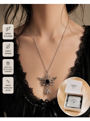 Herşey Nota Gotik Kanatlı Haç Kolye – Siyah Taş Detaylı Unisex Vintage Kolye 60 cm
