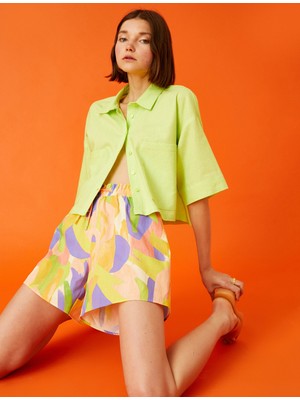 Koton Oversize Crop Kısa Kollu Gömlek Keten Karışımlı