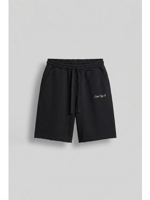 Abluka Online Erkek Baggy Fit Nakış Detaylı Basic Şort Siyah