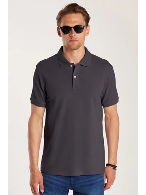 Tudors Erkek Slim Fit Dar Kesim %100 Pamuk Kısa Kollu Polo Yaka Antrasit Tişört