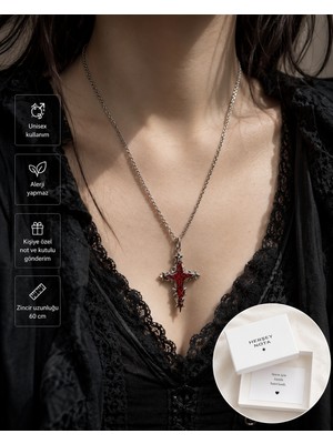 Herşey Nota Kırmızı Gotik Haç Kolye – Diken Detaylı Unisex Vintage Kolye 60 cm