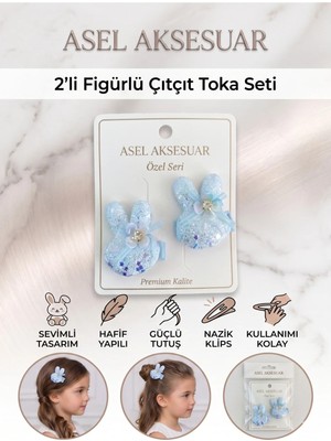 Asel Aksesuar 2'li Set Simli Tavşan Figürlü Çiçek ve Kurdele Detaylı Pens Saç Tokası Farklı Renk Seçenekli