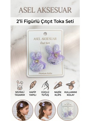 Asel Aksesuar 2'li Set Simli Tavşan Figürlü Çiçek ve Kurdele Detaylı Pens Saç Tokası Farklı Renk Seçenekli