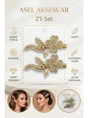 Asel Aksesuar 2'li Set Zirkon Taşlı ve Incili Altın Kaplama Metal Klips Saç Tokası Farklı Model Seçenekli