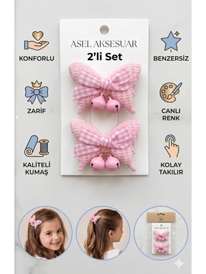 Asel Aksesuar 2'li Set Pötikare Kurdeleli Zilli Kumaş Kelebek Çocuk Klips Toka Farklı Renk Seçenekli