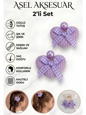 Asel Aksesuar 2'li Set Kalp Figürlü Pötikare Kurdeleli Çocuk Lastik Toka Farklı Renk Seçenekli