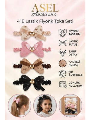 Asel Aksesuar 4’lü Set Fiyonk Detaylı Lastik Çocuk Toka Farklı Renk Seçenekli
