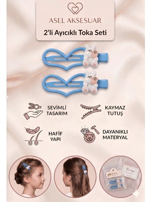 Asel Aksesuar 2'li Set Kalp Tasarımlı Sevimli Hayvan Figürlü Çocuk Klips Toka Farklı Renk Seçenekli