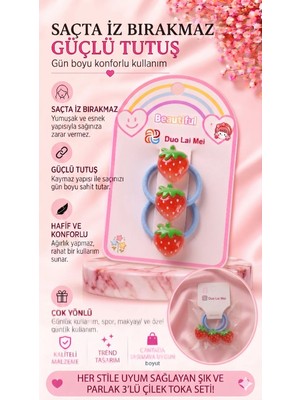 Asel Aksesuar 3'lü Set Parlak Meyve Figürlü Iz Bırakmaz Esnek Lastik Çocuk Saç Tokası Farklı Renk Seçenekli