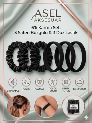 Asel Aksesuar 6’lı Karma Set Saten Büzgülü ve Düz Saç Lastiği Toka Farklı Renk Seçenekli
