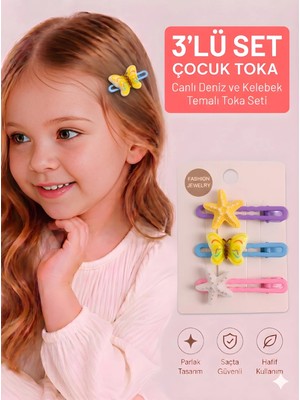 Asel Aksesuar 3’lü Set Deniz Yıldızı ve Kelebek Figürlü Çocuk Pens Toka