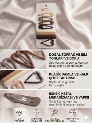 Asel Aksesuar 7’li Toprak Tonlu Çıtçıt Toka ve Saç Lastiği Seti Kadın & Kız Çocuk Saç Aksesuarı