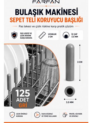 Farfan 125 Adet Gri | Pas Küf Önleyici Bulaşık Sepet Aksesuarı Kapakları | Tamir Seti | Raf Ucu | 3 Cm Boy BPA FREE