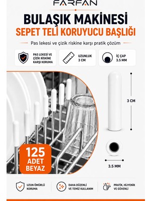 Farfan 125 Adet Beyaz | Pas Küf Önleyici Bulaşık Sepet Aksesuarı Kapakları | Tamir Seti | Raf Ucu | 3 Cm Boy BPA FREE