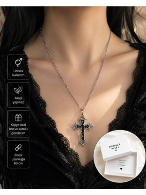 Herşey Nota Siyah Gotik Haç Kolye – Vintage Unisex Alternatif Stil Kolye 60 cm