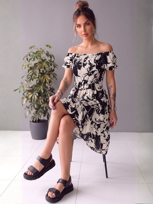 Trendseninle Kadın Siyah Beyaz Karpuz Kol Kısa Elbise Batik Desen