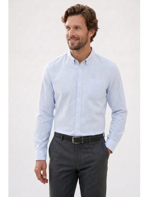 Tudors Erkek Slim Fit Dar Kesim Uzun Kollu %100 Pamuk Keten Efektli Düğmeli Yaka Rahat Mavi Gömlek